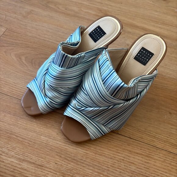 White House Black Market Satin Stripe Open Toe Heels Blue Women’s Size 7 - Picture 1 of 8